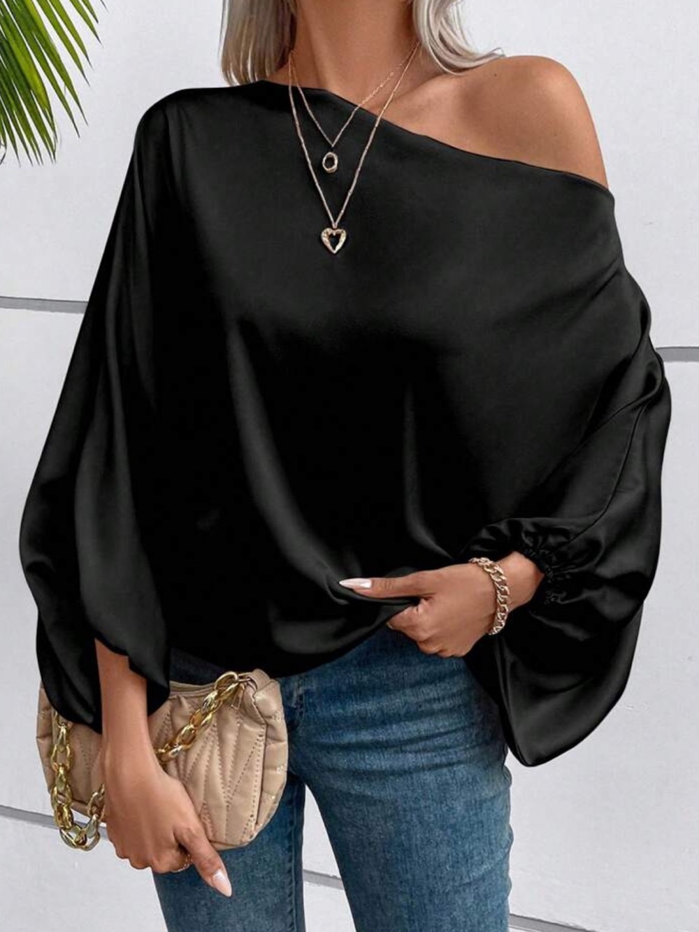 Women's Satin One-Shoulder Blouse - Black